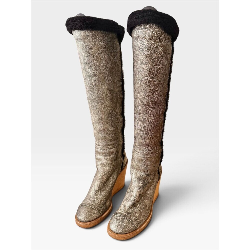 Chanel Karl Lagerfeld Rare Distressed Metallic Sheepskin Shearling Wedge Boot 40
